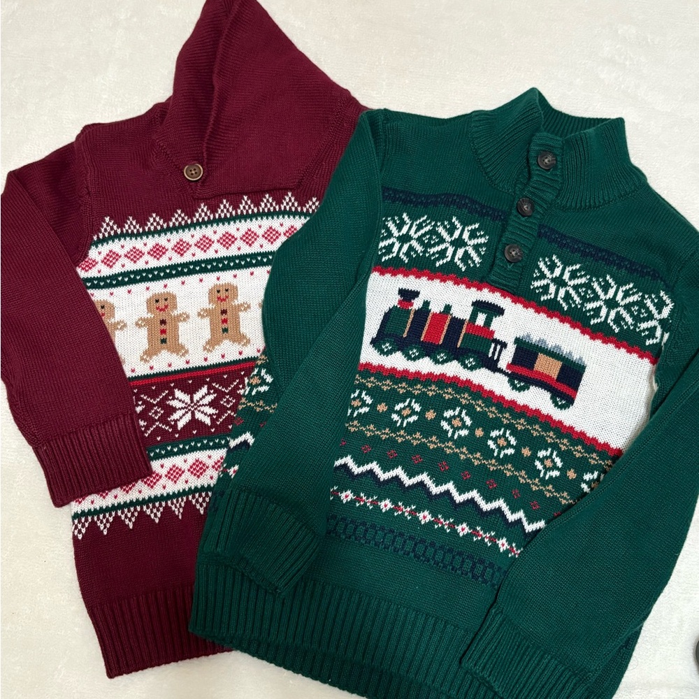 Green and Burgundy Holiday Sweaters